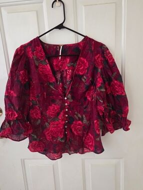 Free People I Found You Shades Of Red Print Cotton Milkmaid Top  Large
